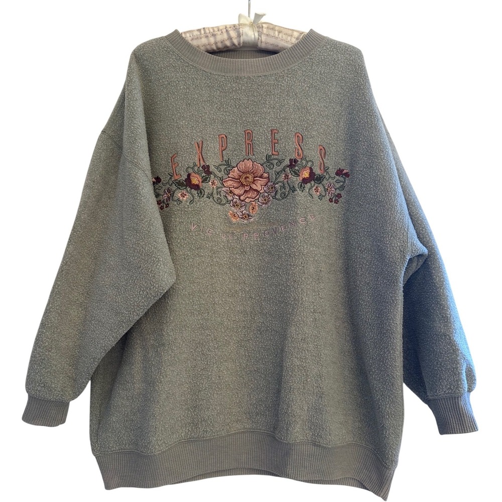 Vintage 90s Express Floral Sweatshirt‎ Fleece Embroidery M Oversized Cottage